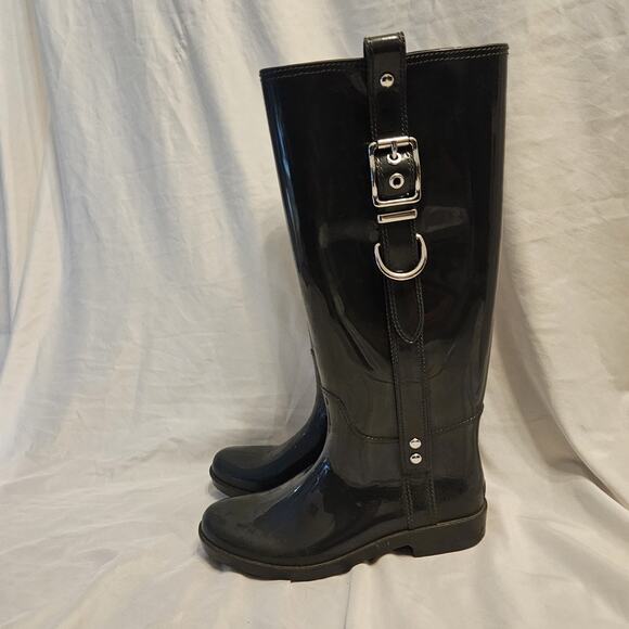 Coach Women's Riding Rain Boots Black Round Toe Knee High Buckle 7 - Picture 2 of 13